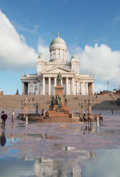 Screenshot of Virtual Helsinki's very realistic Senate Square, Helsinki Cathedral in full view in the background against a partially cloudy sky and people walking in the square filled with large puddles.
