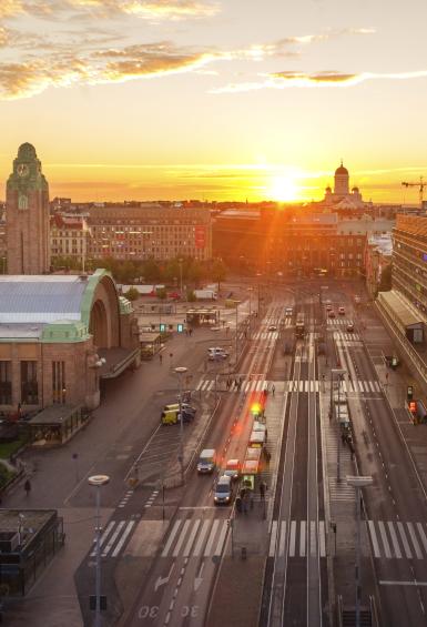 Sunrise at the Helsinki Central Railway Station.