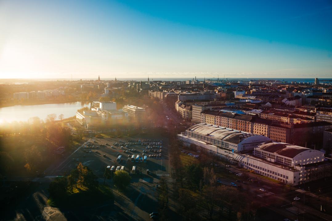 Aerial of Helsinki overlooking Töölö as seen from above the Olympic stadium.