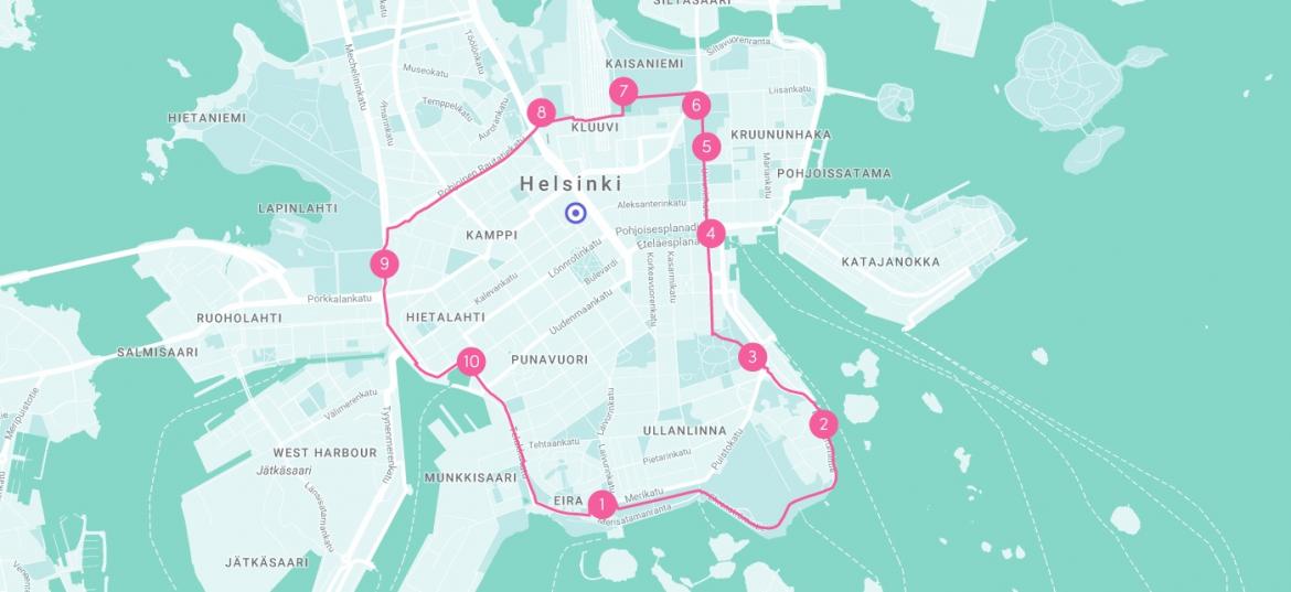 Map depicting Helsinki Art Museum's suggested running route around Helsinki.