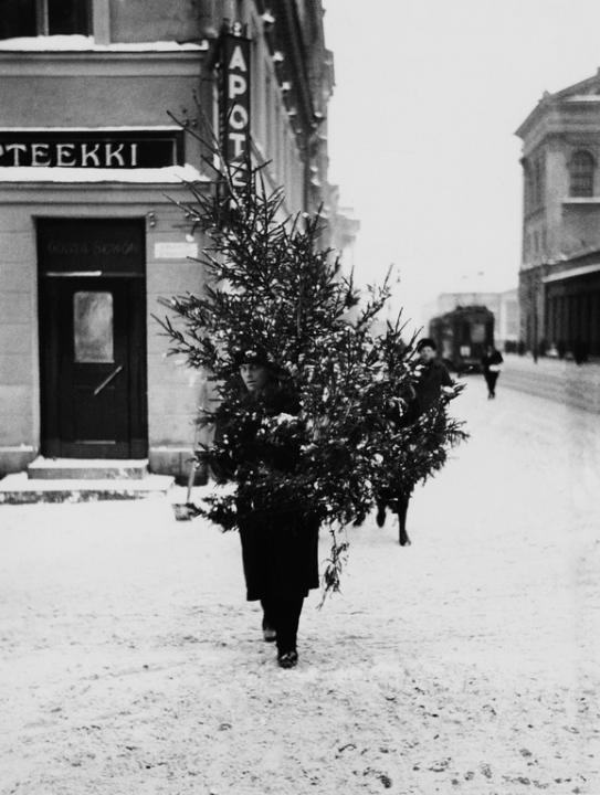 A Christmas tree being carried home from the market (corner of Snellmaninkatu and Kirkkokatu).