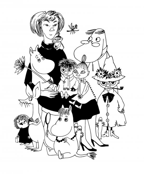 A black and white illustration of Tove Jansson with the Moomin family, done in the same drawing style as Tove Jansson.