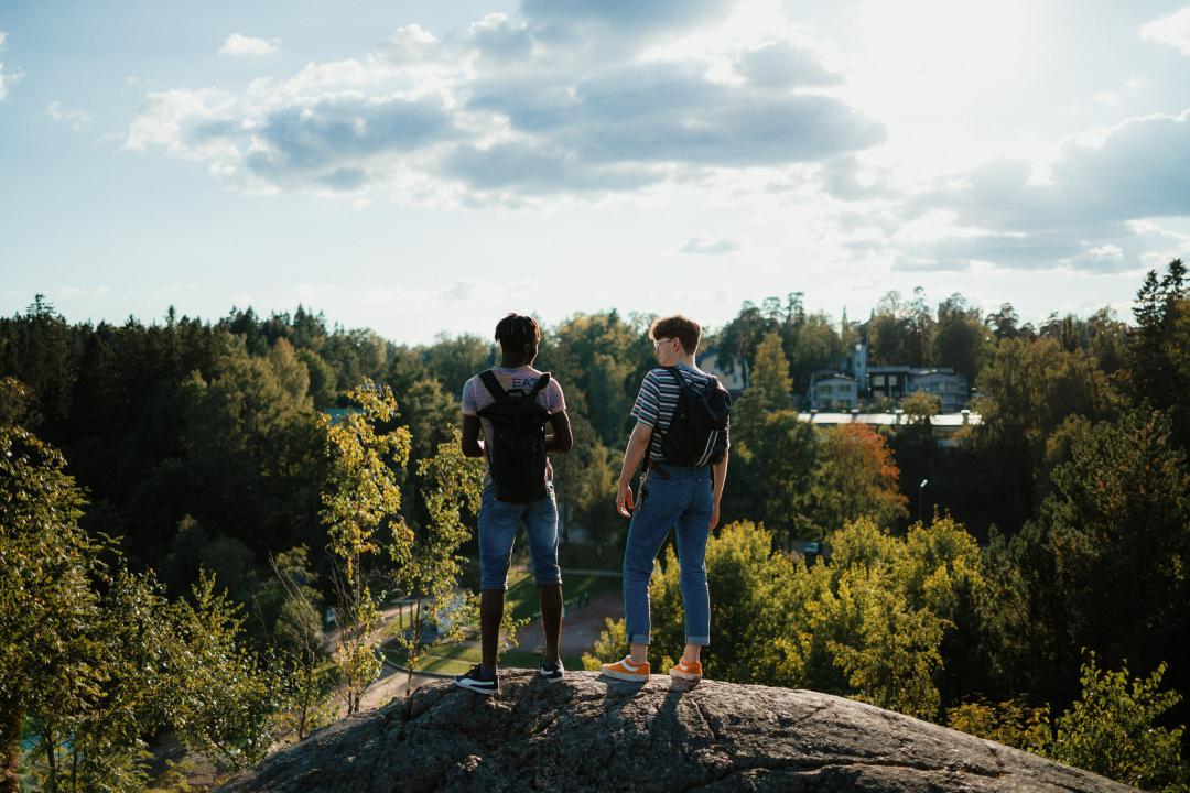 Two guys standing on a large rock overlooking a park and the surrounding trees