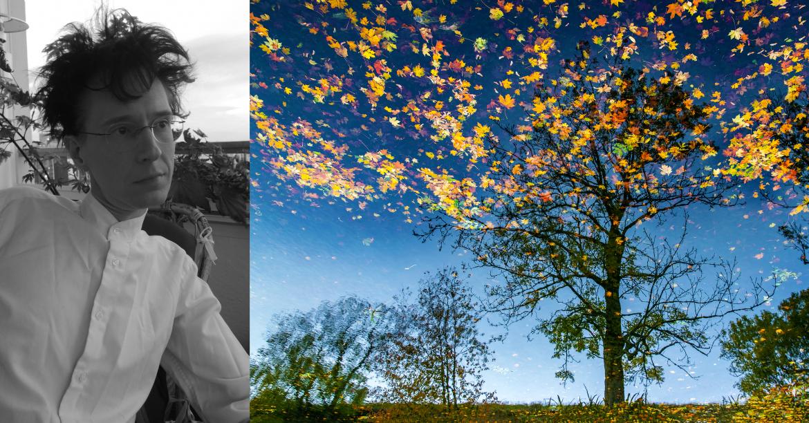Two photos merged together. On the left is a black and white portrait of Syksy Räsänen, looking to the right, in the second picture is a an autumnal scene of trees losing their coloured leaves.