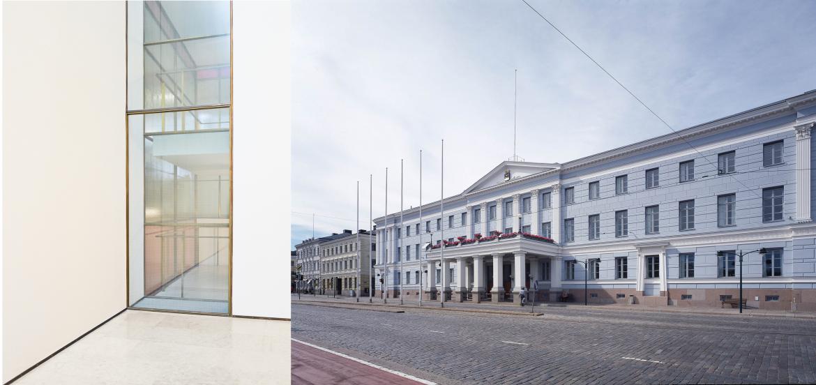 Two photos merged together. On the left is an interior shot of a tall window inside City Hall, on the right is an exterior shot of Helsinki City Hall.