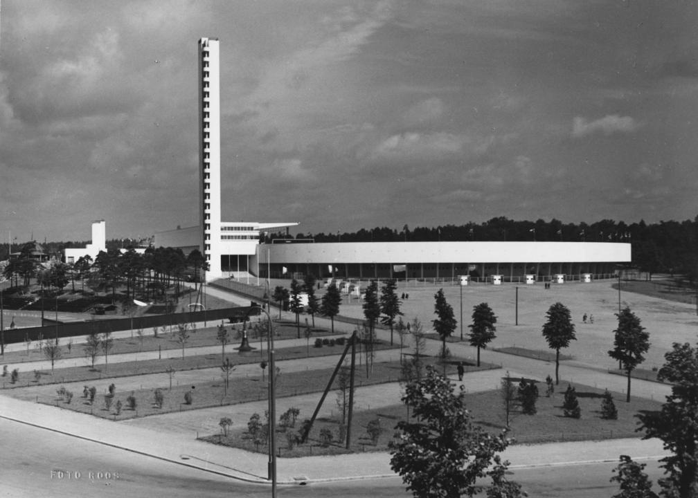 Black and white image of Helsinki Olympic Stadium in 1938