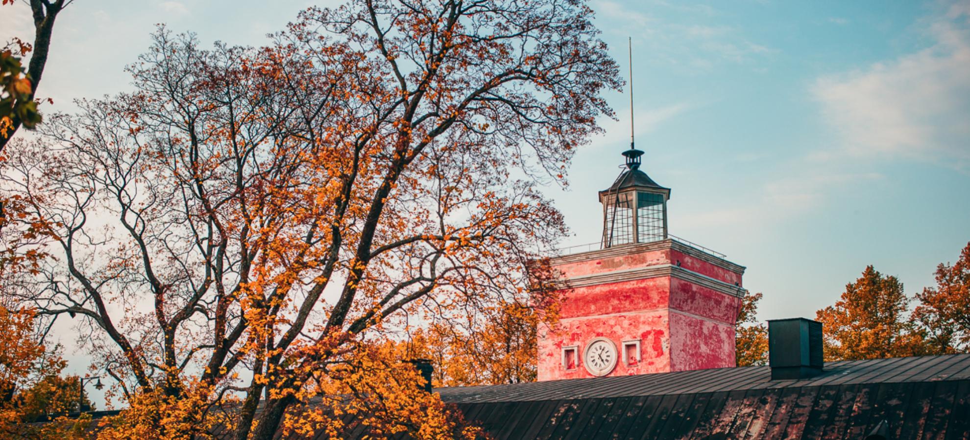 The pink building of the Jetty Barracks Gallery on Suomenlinna stands behind a pair of tall trees losing their golden leaves on a clear autumn's day.