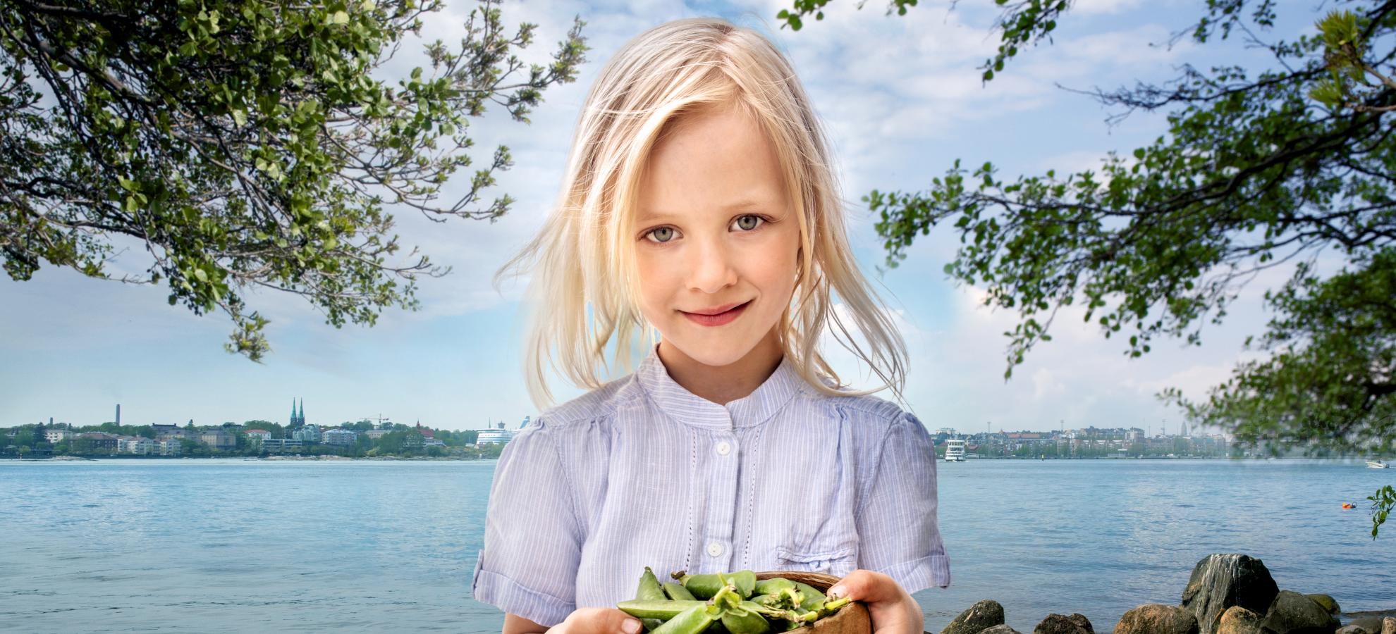 Girl with a bowl of peas on Lonna island