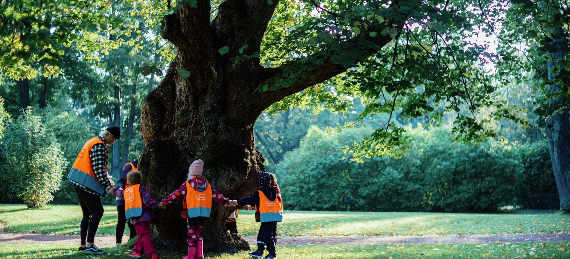 Whilst on a trip to the park with daycare, a small group of kids and a carer are standing around a large tree and holding hands.