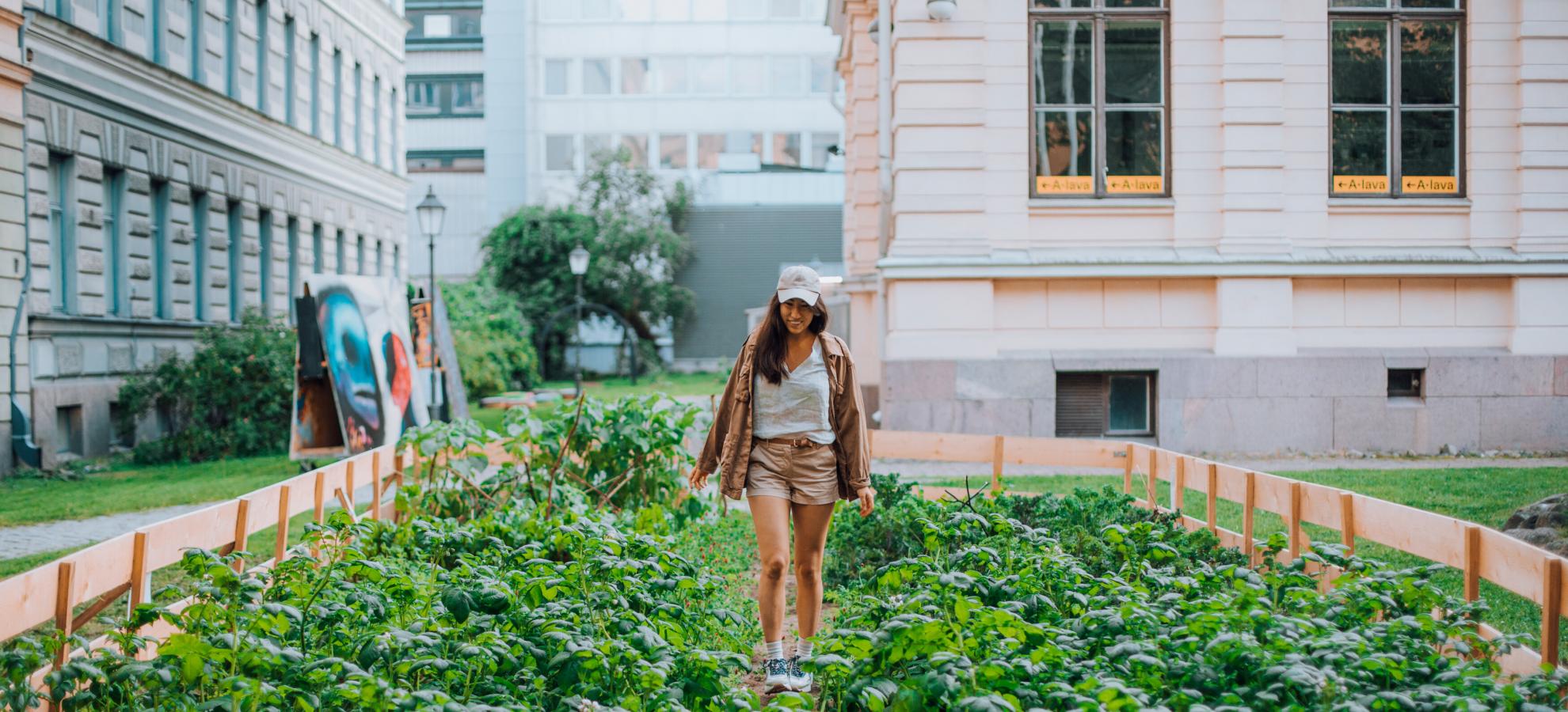 A girl walks towards the camera though a small, fenced urban garden full of ankle high, green plants outside Annantalo. 